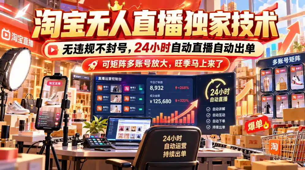淘宝无人直播独家技术,无违规不封号,24小时自动直播自动出单,可矩阵多账号放大,旺季马上来了【揭秘】 淘宝无人直播独家技术,无违规不封号,24小时自动直播自动出单,可矩阵多账号放大,旺季马上来了【揭秘】