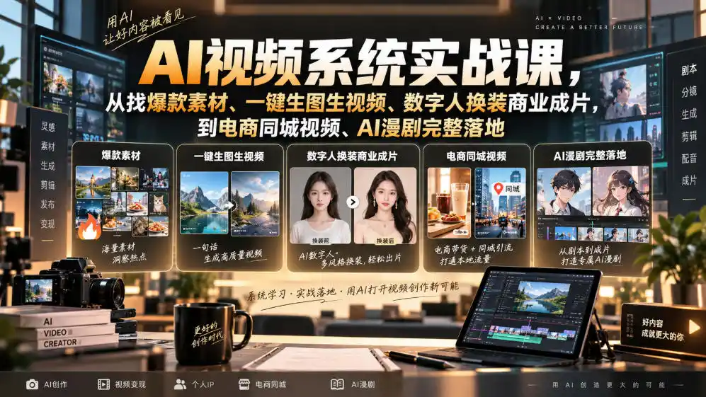 AI视频系统实战课，从找爆款素材、一键生图生视频、数字人换装商业成片，到电商同城视频、AI漫剧完整落地-百盟网