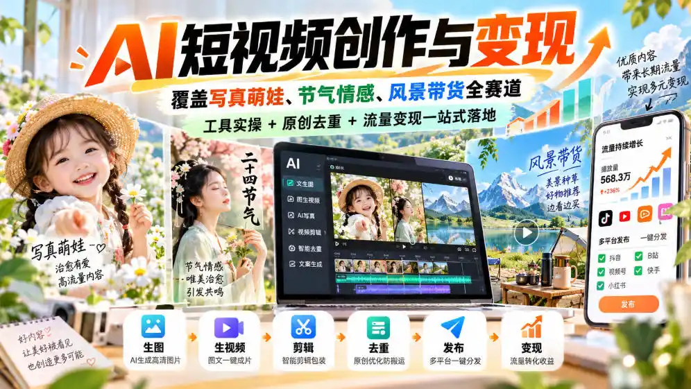 AI短视频创作与变现，覆盖写真萌娃、节气情感、风景带货全赛道，工具实操+原创去重+流量变现一站式落地-百盟网