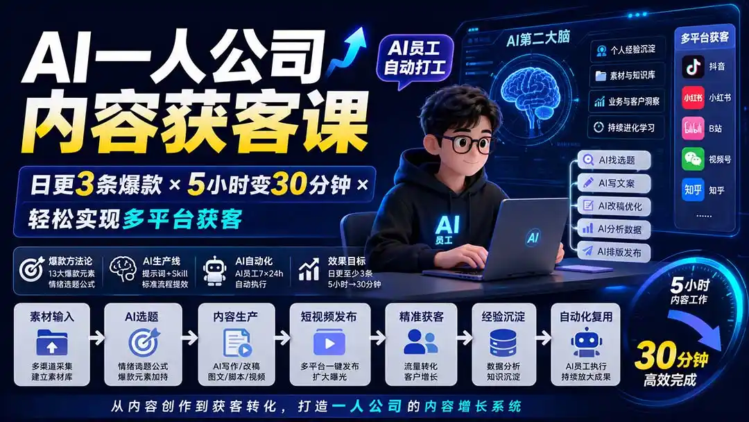 AI一人公司内容获客课-更新8月:日更3条爆款×5小时变30分钟×AI员工自动打工,轻松实现多平台获客 AI一人公司内容获客课-更新8月:日更3条爆款×5小时变30分钟×AI员工自动打工,轻松实现多平台获客