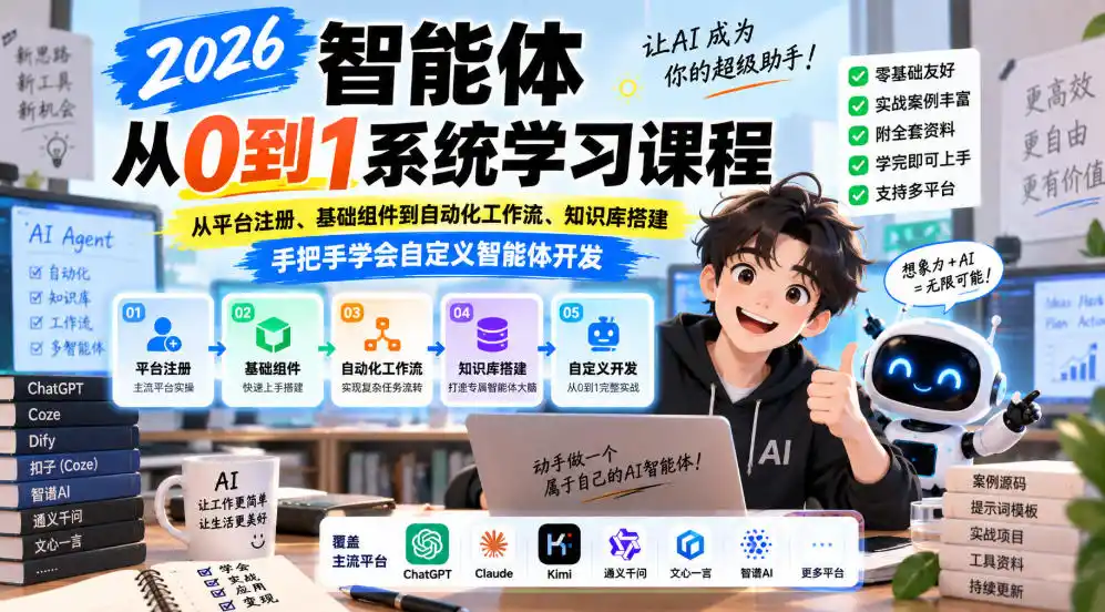 2026智能体从0到1系统学习课程,从平台注册、基础组件到自动化工作流、知识库搭建,手把手学会自定义智能体开发 2026智能体从0到1系统学习课程,从平台注册、基础组件到自动化工作流、知识库搭建,手把手学会自定义智能体开发
