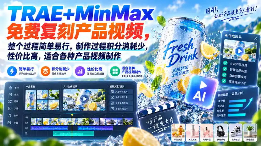 TRAE+MinMax免费复刻产品视频，整个过程简单易行，制作过程积分消耗少，性价比高，适合各种产品视频制作-百盟网