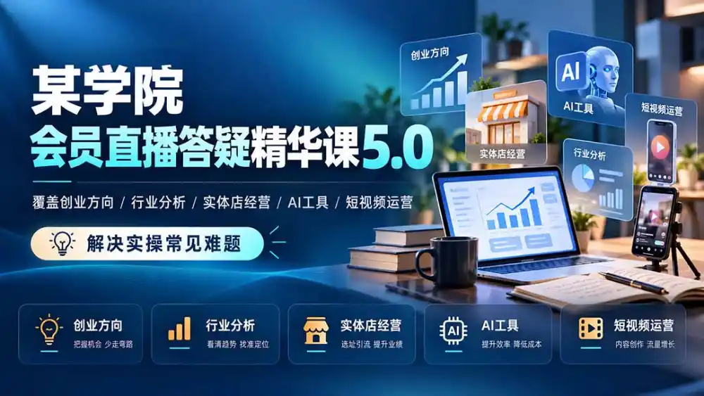 某学院会员直播答疑精华课5.0：覆盖创业方向、行业分析、实体店经营、AI工具和短视频运营，解决实操常见难题！-百盟网