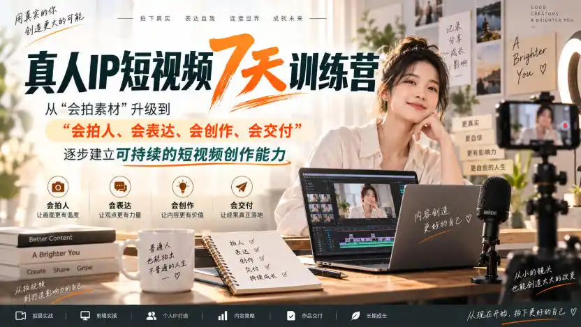 真人IP短视频7天训练营，从“会拍素材”升级到“会拍人、会表达、会创作、会交付”，逐步建立可持续的短视频创作能力-百盟网