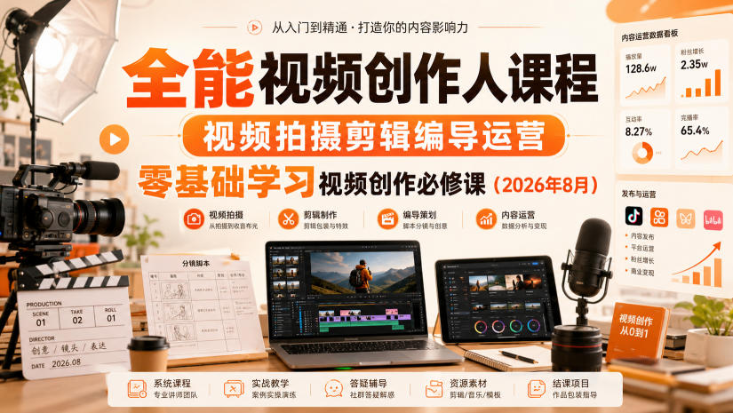 全能视频创作人课程，视频拍摄剪辑编导运营，零基础学习视频创作必修课(2026年8月)-百盟网