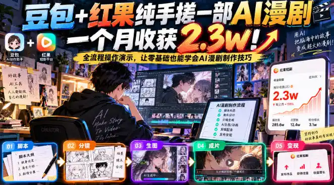 豆包+红果纯手搓一部AI漫剧一个月收获2.3w！全流程操作演示，让零基础也能学会AI漫剧制作技巧-百盟网