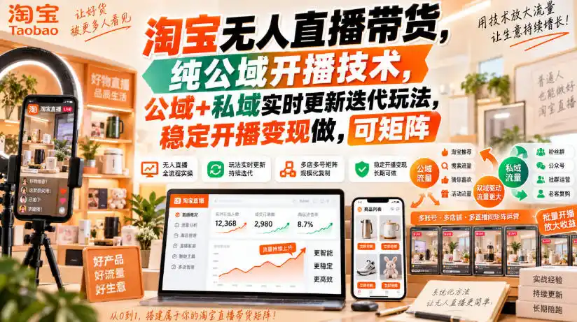 淘宝无人直播带货，纯公域开播技术，公域+私域实时更新迭代玩法，稳定开播变现做，可矩阵【揭秘】-百盟网