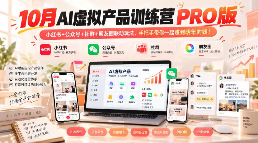 10月AI虚拟产品训练营PRO版，小红书+公众号+社群+朋友圈联动玩法，手把手带你一起赚到明年的钱！(更新1029)-百盟网