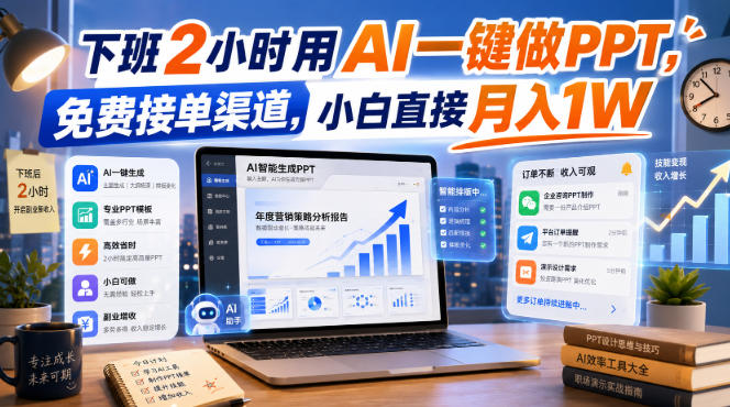 下班2小时用AI一键做PPT，免费接单渠道，小白直接月入1W【揭秘】-百盟网