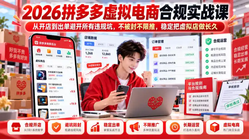 2026拼多多虚拟电商合规实战课，从开店到出单避开所有违规坑，不被封不限推，稳定把虚拟店做长久-百盟网