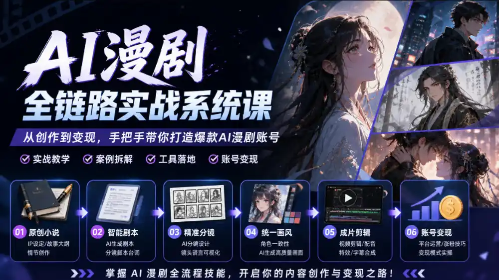AI漫剧全链路实战系统课｜原创小说、智能剧本、精准分镜、统一画风、成片剪辑、账号变现实操教学(更新1018)-百盟网