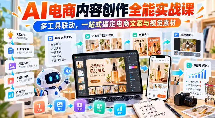 【无水印】AI电商内容创作全能实战课｜多工具联动，一站式搞定电商文案与视觉素材-百盟网