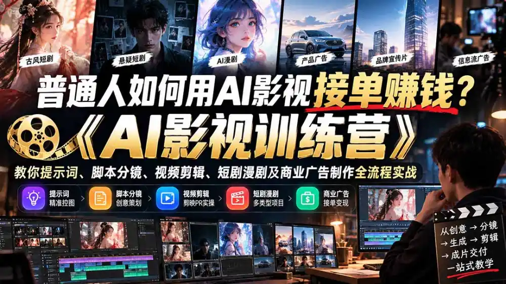 普通人如何用AI影视接单赚钱?《AI影视训练营》教你提示词、脚本分镜、视频剪辑、短剧漫剧及商业广告制作全流程实战-百盟网