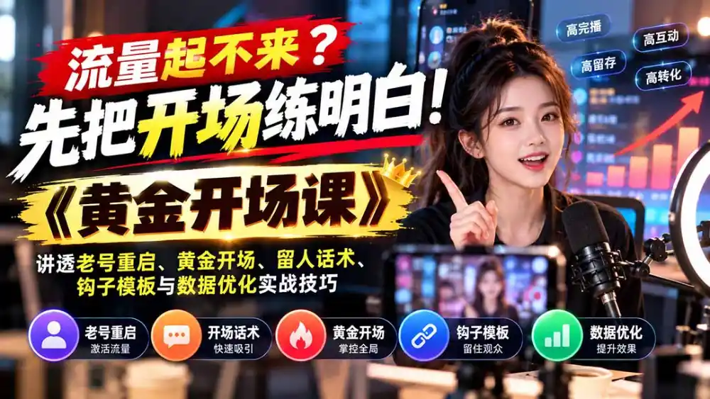 流量起不来？先把开场练明白！《黄金开场课》讲透老号重启、黄金开场、留人话术、钩子模板与数据优化实战技巧-百盟网