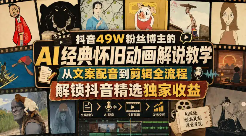 抖音49W粉丝博主的AI经典怀旧动画解说教学，从文案配音到剪辑全流程，解锁抖音精选独家收益-百盟网