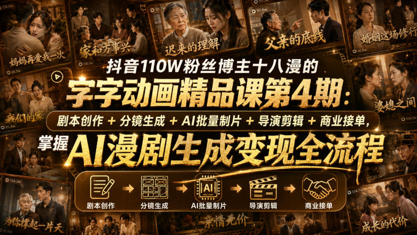 抖音110W粉丝博主十八漫的字字动画精品课第4期：剧本创作+分镜生成+剪辑+商业接单，掌握AI漫剧生成变现全流程-百盟网