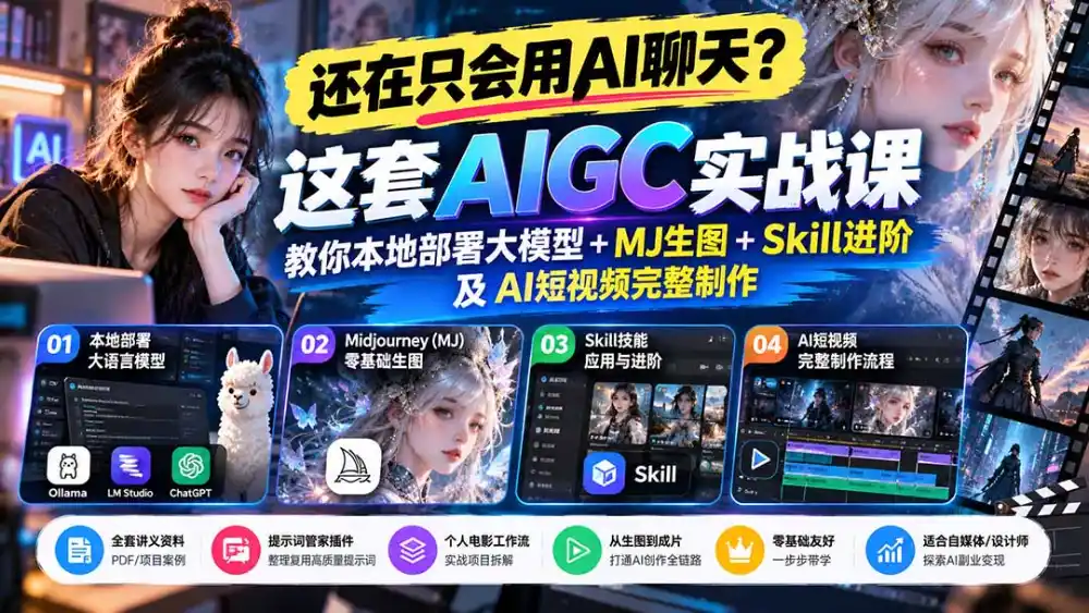【无水印】还在只会用AI聊天？这套AIGC实战课教你本地部署大模型+MJ生图+Skill进阶及AI短视频完整制作-百盟网