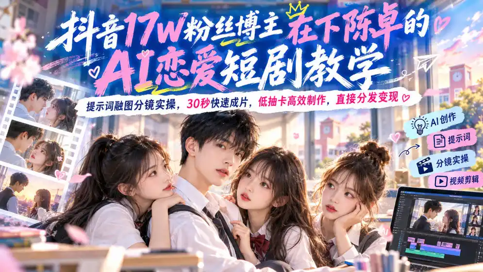 抖音17W粉丝博主在下陈卓的AI恋爱短剧教学，提示词融图分镜实操，30秒快速成片，低抽卡高效制作，直接分发变现-百盟网