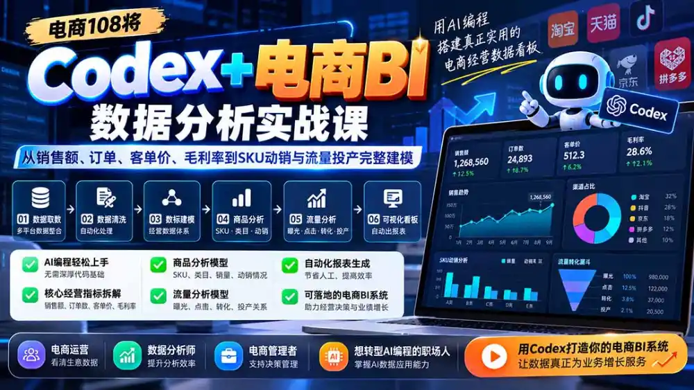 Codex+电商BI数据分析实战课-更新：从销售额、订单、客单价、毛利率到SKU动销与流量投产完整建模-百盟网